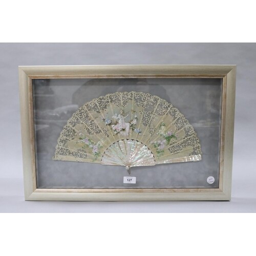 Mother of pearl fan frame with hand painted cream lace with ...