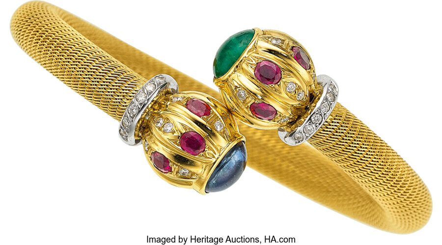 Multi-Stone, Diamond, Gold Bracelet The flexible cuff terminals feature...