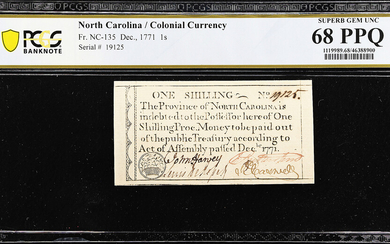 NC-135. North Carolina. December, 1771. 1 Shilling. PCGS Banknote Superb Gem Uncirculated 68 PPQ.