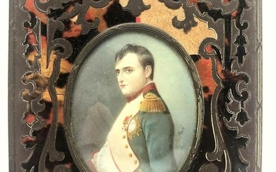 Napoleon Painted Miniature in Boulle Frame. Signed Ren