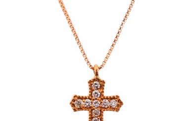 Necklace with rose gold cross pendant, decorated with diamonds