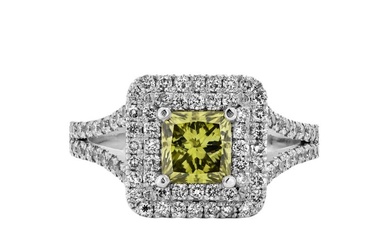 No Reserve Price - Ring - 14 kt. White gold - 1.77 tw. Green Diamond (Natural coloured) - Diamond