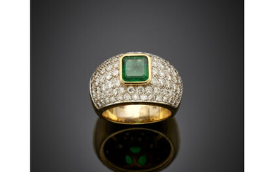 Octagonal ct. 1.10 circa step cut emerald and diamond pavé bi-coloured gold ring, diamonds in all ct. 2.90 circa, g...