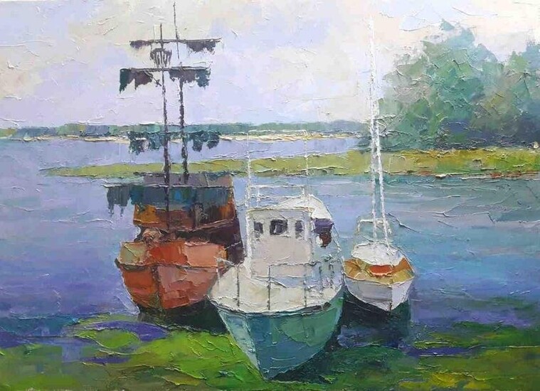 Oil painting Boats on the Dnieper Serdyuk Boris