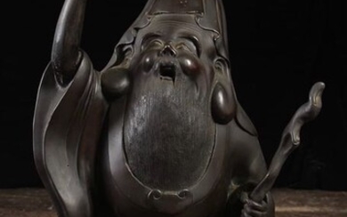 Okimono (1) - Bronze - Rare large bronze sculpture of the God of Good Fortune Fukurokuju 福禄寿 - Japan - Meiji period (1868-1912)