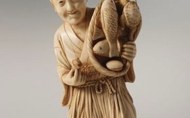 Okimono - Elephant ivory - Old man with basket of fish and seafood - Signed - Japan - Meiji period (1868-1912)