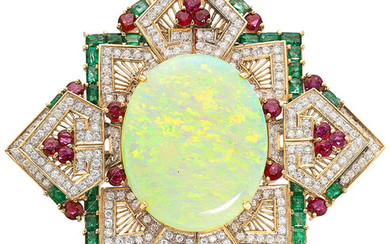 Opal, Diamond, Ruby, Emerald, Gold Pendant The pendant centers...