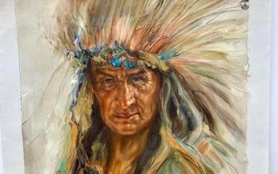 Original 20" X 28" Acrylic Of Indigenous Chief Inspired By Nicholas Raphael de Grandmaison, CM
