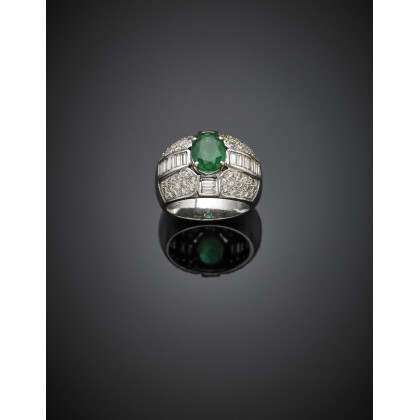 Oval emerald with round and baguette diamond white gold ring, diamond in all ct. 2.60 circa, g 12.30 circa size…Read more