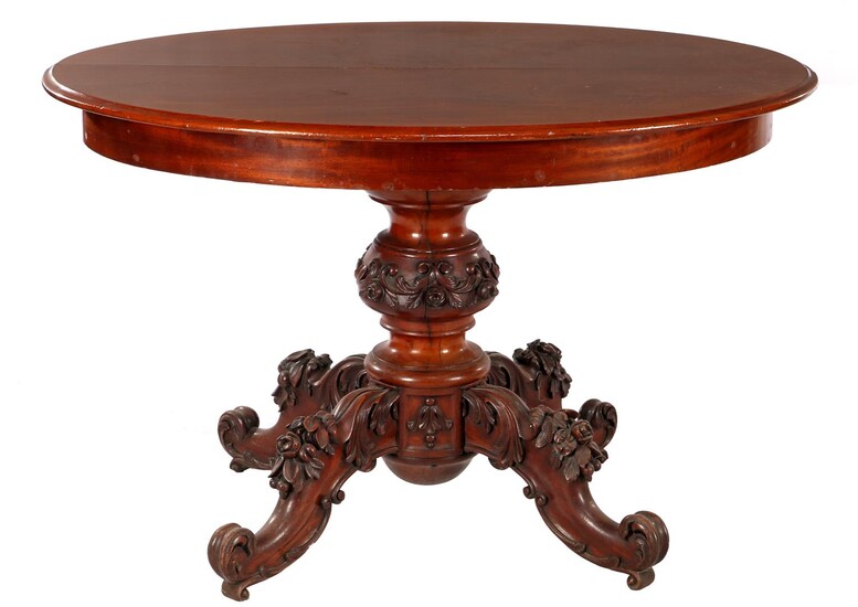 (-), Oval mahogany veneer table with decorated column...