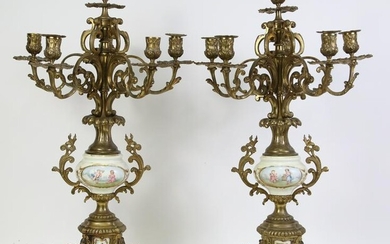 PAIR OF C.19 FRENCH BRONZE & LIMOGES CANDELABRA