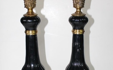 PAIR OF DORE BRONZE AND BLACK CANDLESTICKS (SOME ENAMEL LOSS), 14 X 5 X 5