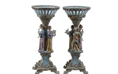 PAIR OF MONUMENTAL PORCELAIN FIGURAL COMPOTES