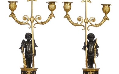 PAIR OF REGENCY TWO LIGHT BRONZE AND ORMULO CANDELABRAS