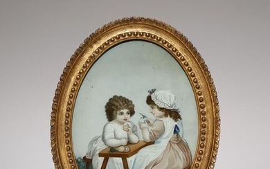 PEINTURE EN VITRINE CHINOISE DU PRÉCÉDENT 19e SIÈCLE Le tableau ovale représente deux enfants européens...