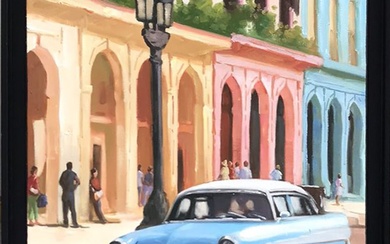 PETROV Vladimir (1945-). «Cuba : américaine bleue près du réverbère ». Huile sur toile signée...