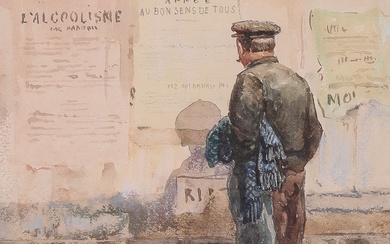 PIERRE CHAPUIS (1863-1942). Paris, le liseur d’affiches. Aquarelle sur papier, signée, située, titrée en bas...