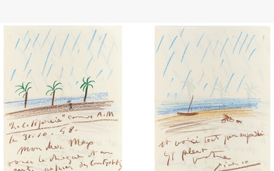 ◊ Pablo Picasso (1881-1973) Palmiers sous la pluie - Barque, vélo, chien sous la pluie, 1958.