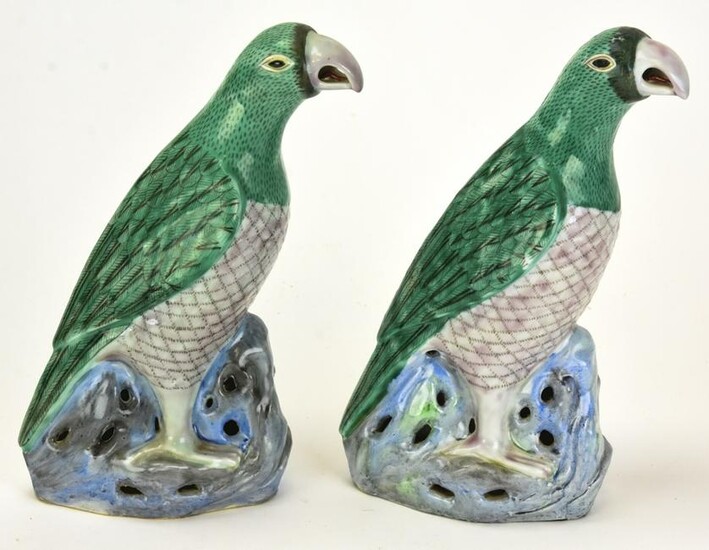 Pair Chinese Hand Painted Porcelain Parrot Statues