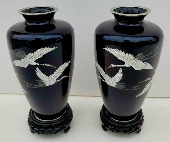 Pair Japanese Flying Crane Silvered Cloisonne Vases