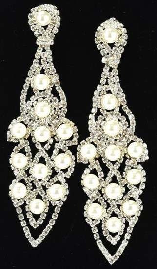 Pair Large Scale Rhinestone & Faux Pearl Earrings