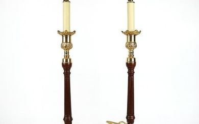 Pair Mahogany & Brass Candlestick Lamps