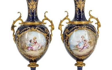 Pair Of Antique Cobalt Blue French Sevres Urns