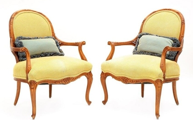 Pair Walnut French Fauteuil Arm Chairs