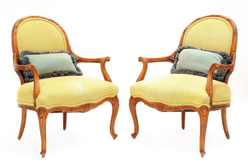 Pair Walnut French Fauteuil Arm Chairs