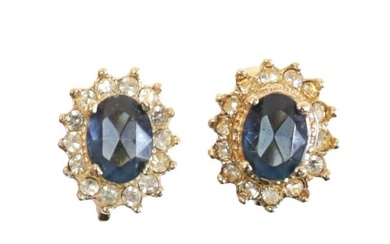 Pair of 14k Yellow Gold Sapphire Diamond Clip on Earrings. Oval faceted stones