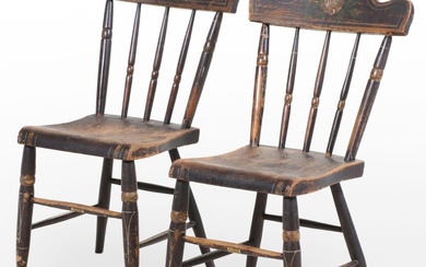 Pair of American Primitive Paint-Decorated Plank-Seat Side Chairs, 19th Century