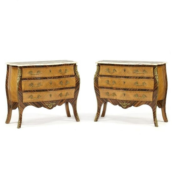 Pair of French Diminutive Bombe Marble Top Commodes