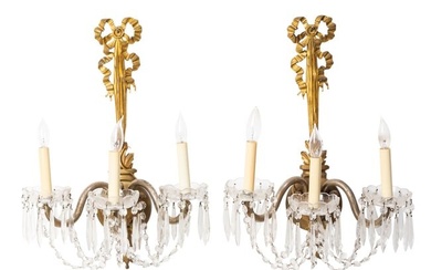 Pair of Gilt-Metal and Crystal Three Light Sconces