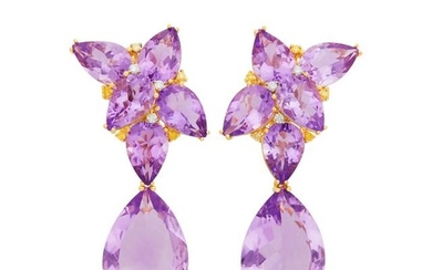 Pair of Gold, Amethyst and Diamond Pendant-Earclips