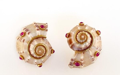 Pair of Gold, Shell and Cabochon Pink Tourmaline Earrings