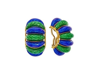 Pair of Gold and Blue and Green Enamel Shrimp Bombé
