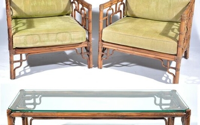 Pair of McGuire Armchairs with matching Coffee table.
