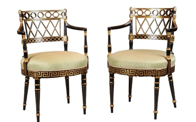 Pair of Regency Ebonized and Parcel-Gilt Armchairs