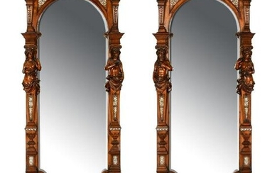 Pair of Renaissance Revival Inlaid Walnut Hall Mirrors