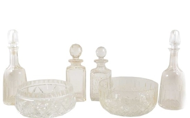 Pair of cut-glass mallet shaped decanters, spirit decanters, and fruit bowls