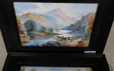 Pair of framed oil on porcelain plaques depicting mountainous...