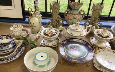 Pair of mid 19th century Derby pedestal tureens, Victorian Copeland teapot, pair of continental figural vases and other antique decorative china