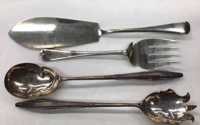 Pair of silver Mappin & Webb salad servers and a pair of silver fish servers
