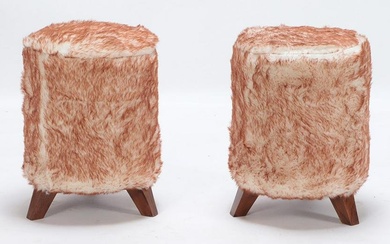 Pair stools upholstered in a tinted faux fur. Ht: 17.5" Dia: 13.5"