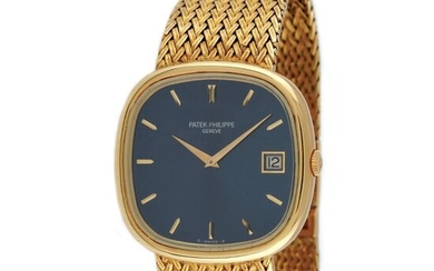 Patek Philippe Ellipse wristwatch, gold, yellow gold 18 k, d=36 mm, 121 g (gross) / Gold Patek Philippe Ellipse wristwatch, reference 3604J/2, automatic movement, 28-255C gauge. Dark blue dial with date at 3 o'clock. Original gold bracelet and closure.