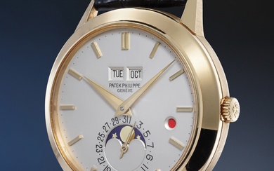 Patek Philippe, Ref. 3450 An extremely rare, early, and well-preserved yellow gold perpetual calendar wristwatch with “red dot” leap year indication, moon phase, and Extract from the Archive