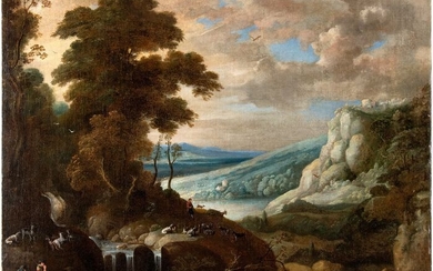Paul Bril (1554 - 1626) workshop of - River landscape with waterfall and shepherds