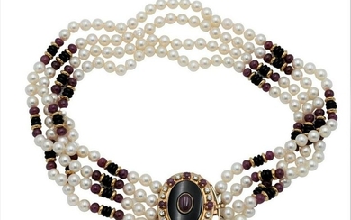Pearl and Ruby Four Strand Necklace, having gold and