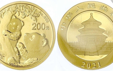 Pièces et médailles d'or étrangères, Chine, République populaire, depuis 1949, 200 yuans 2021. Panda devant...