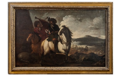 Pier Ilario Spolverini (Parma, 1657 - 1734), Trombettieri a cavallo con battaglia sullo sfondo. 1690 ca.